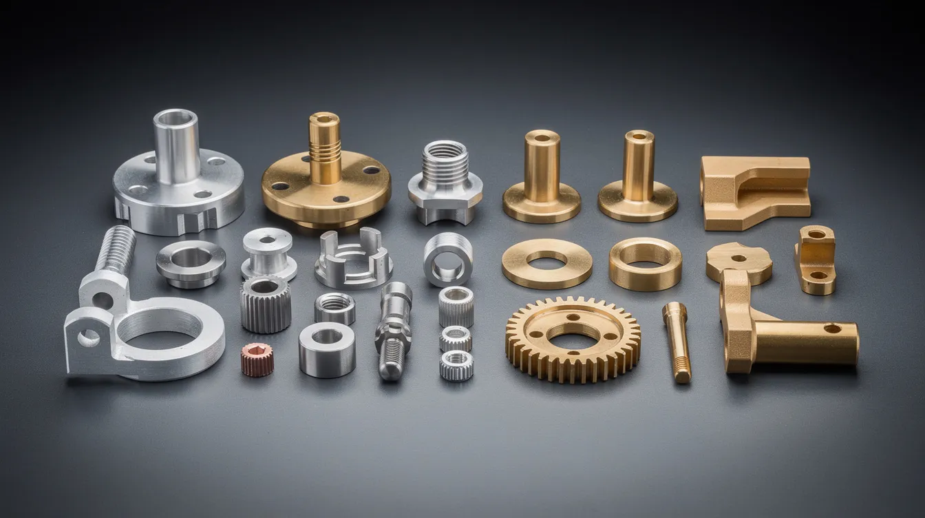 The image features a collection of high precision machined metal parts made from aluminum, stainless steel, and brass, neatly arranged on a dark surface, showcasing the intricate details achieved through the CNC machining process. These components represent various machining operations and highlight the capabilities of modern CNC technology in producing complex geometries with tight tolerances.