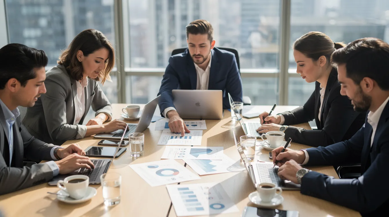 A group of startup founders and venture capital investors is seated around a table, engaged in a detailed review of documents related to fund formation and investment strategies. The atmosphere is collaborative, reflecting their focus on evaluating potential portfolio companies and discussing strategic investments in emerging growth companies.