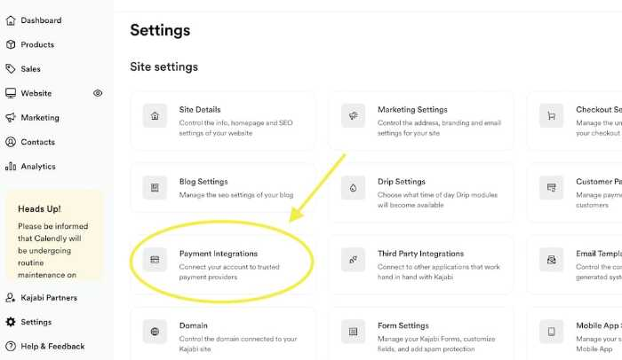 Screenshot of settings page showing where payment integrations is