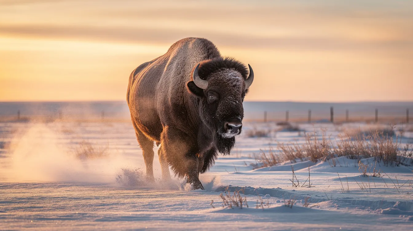 6f503a36 aa8f 4f14 9622 f372f9d40f59 A bison walks through swirling snow on the Alberta prairies during golden hour, capturing the beauty of Canadian wildlife in a serene natural setting. This scene reflects the artistry of wildlife artists who celebrate the majestic presence of animals in their landscapes.