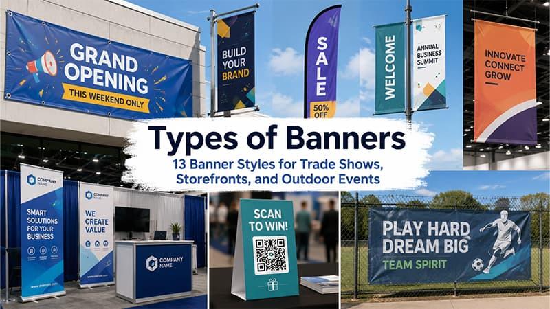 Different types of banners for trade shows, storefronts, and outdoor events.