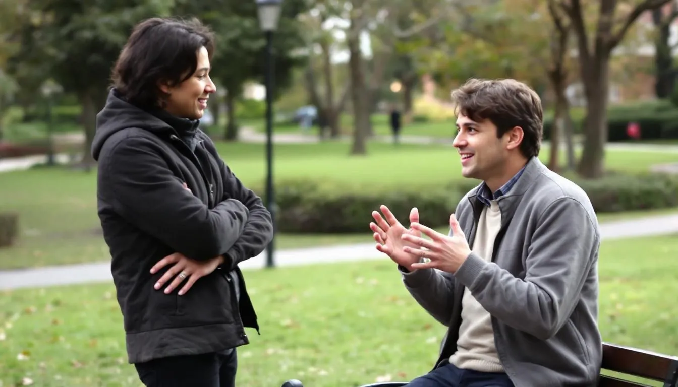 The image depicts two individuals engaged in a conversation, showcasing their communication skills as they practice speaking in English. This interaction highlights the importance of language exchange in improving one's English language skills and enhancing listening abilities.