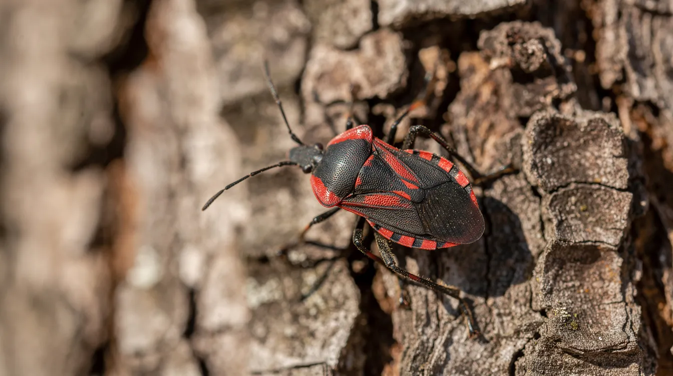 Boxelder Bug Identification 1 A close-up photograph captures an adult boxelder bug resting on tree bark, showcasing its distinctive bright red and black coloring. This image highlights the bug's habitat on boxelder trees, where it can often be found in large numbers, especially during the fall as they seek shelter from cooler weather.