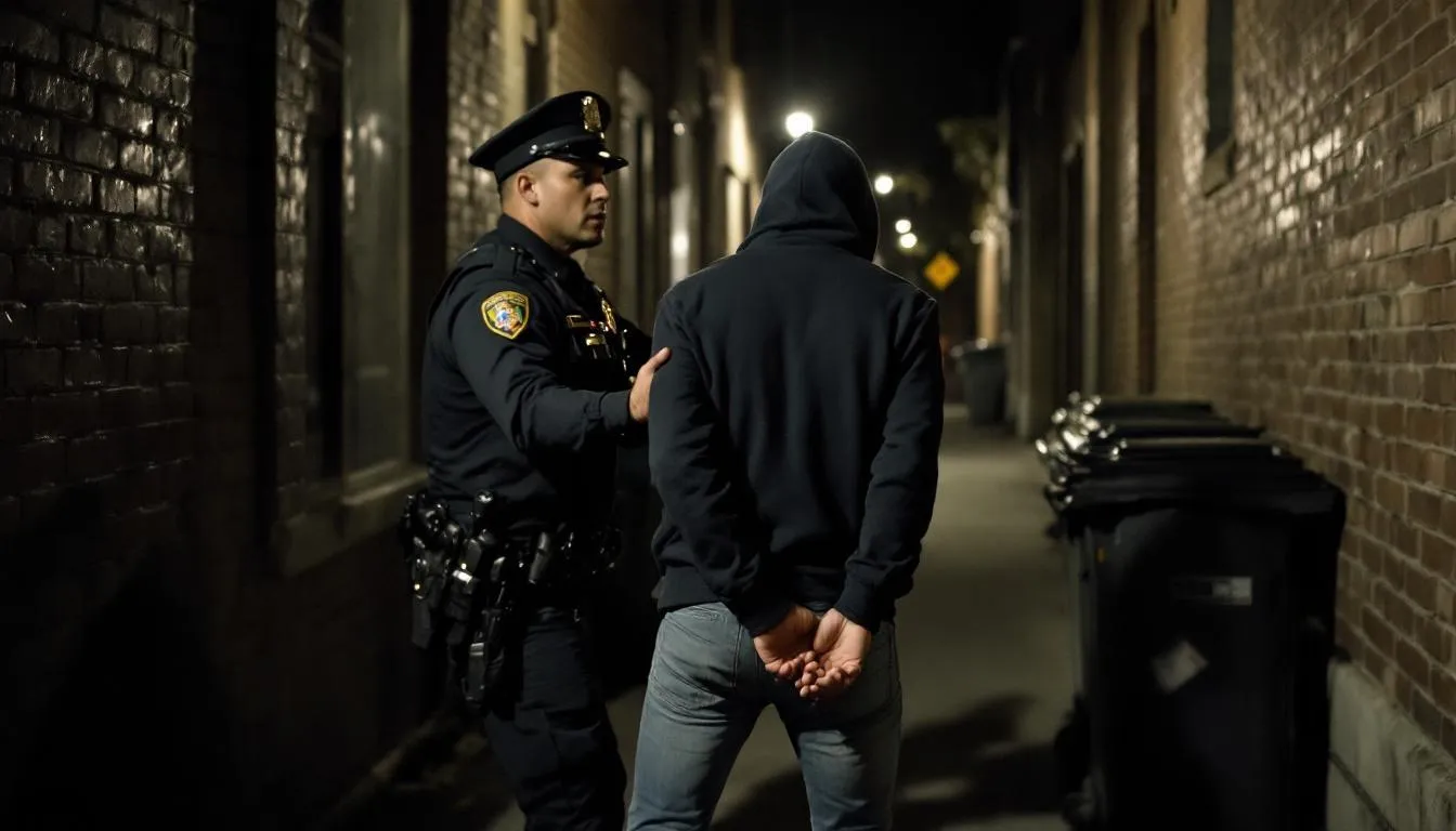 Police officer arresting a suspect in an alley, highlighting the serious consequences of robbery charges in Texas.