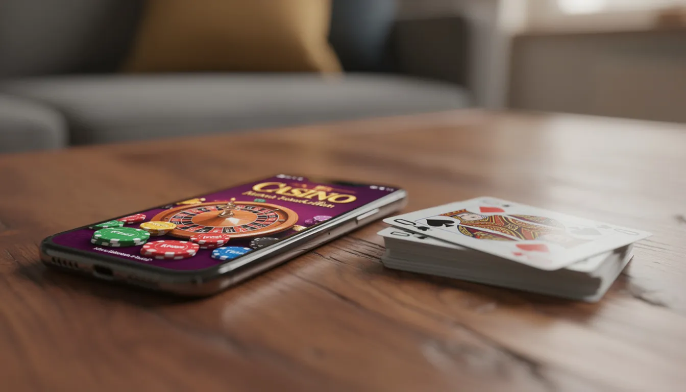 En mobiltelefon ligger på ett bord och visar en casino-app med olika spelalternativ, medan några spelkort är spridda runt den. Denna bild representerar möjligheten att spela hos spelklubben, där användare kan göra insättningar och uttag via Swish eller Trustly.