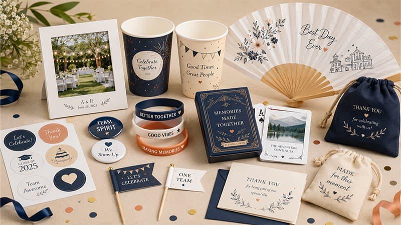 Personalized party favors, including cups, hand fans, wristbands, playing cards, badges, thank-you cards, and drawstring pouches