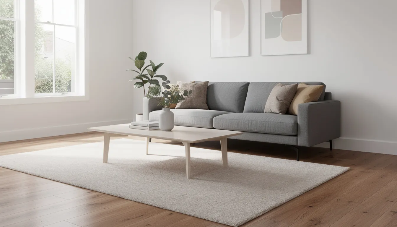 The image showcases a modern Australian living room featuring timber floors, where a large neutral rug anchors a grey sofa and a stylish coffee table. This setup creates a cosy atmosphere, adding warmth and comfort to the space while emphasizing the importance of selecting the right rug to enhance the room's decor.