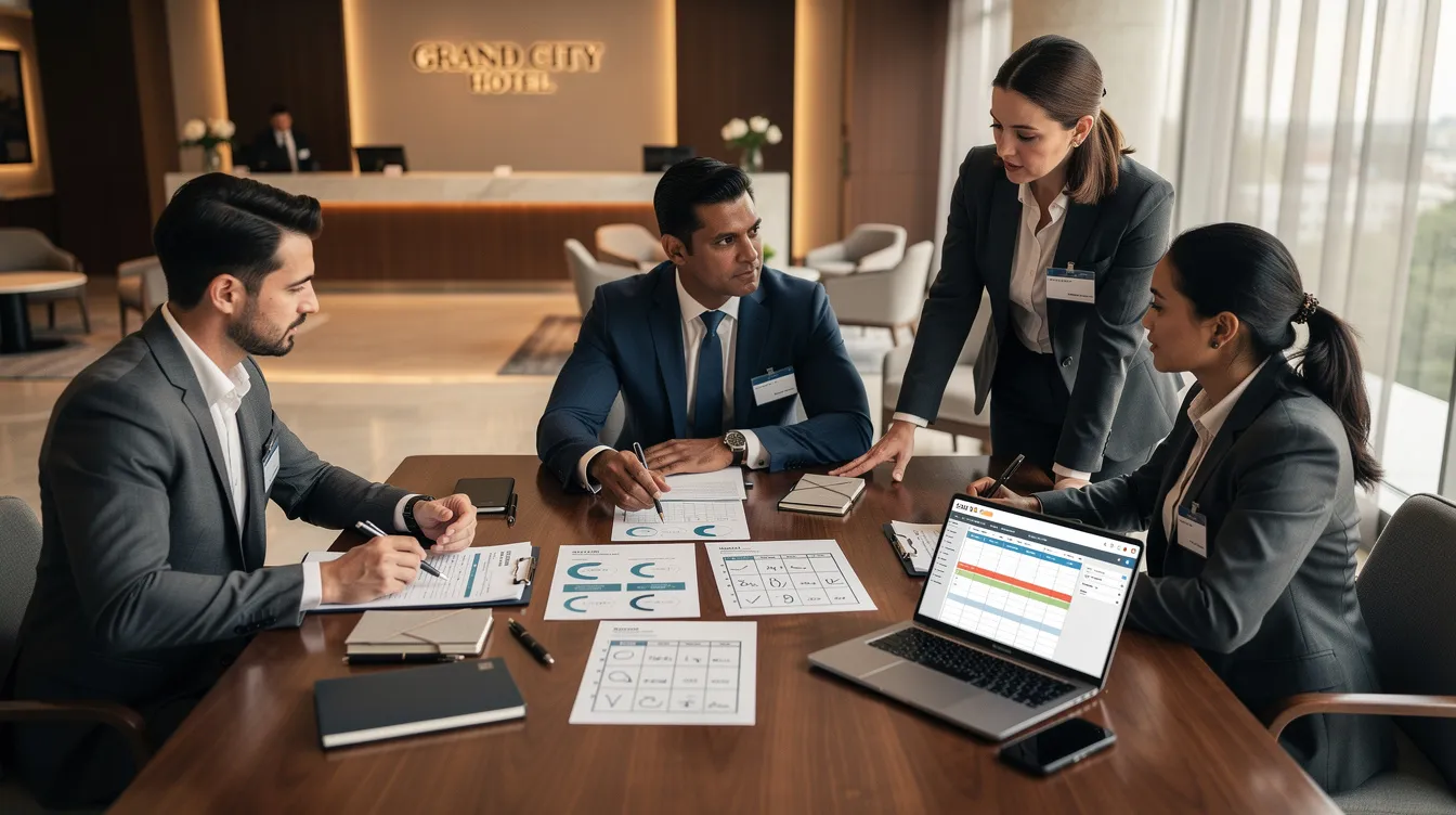 The image shows a hotel operations team gathered around a lobby table, reviewing various documents related to vendor contracts and hospitality contract management. They are focused on implementing contract management software to improve operational efficiency and ensure compliance with contractual obligations.