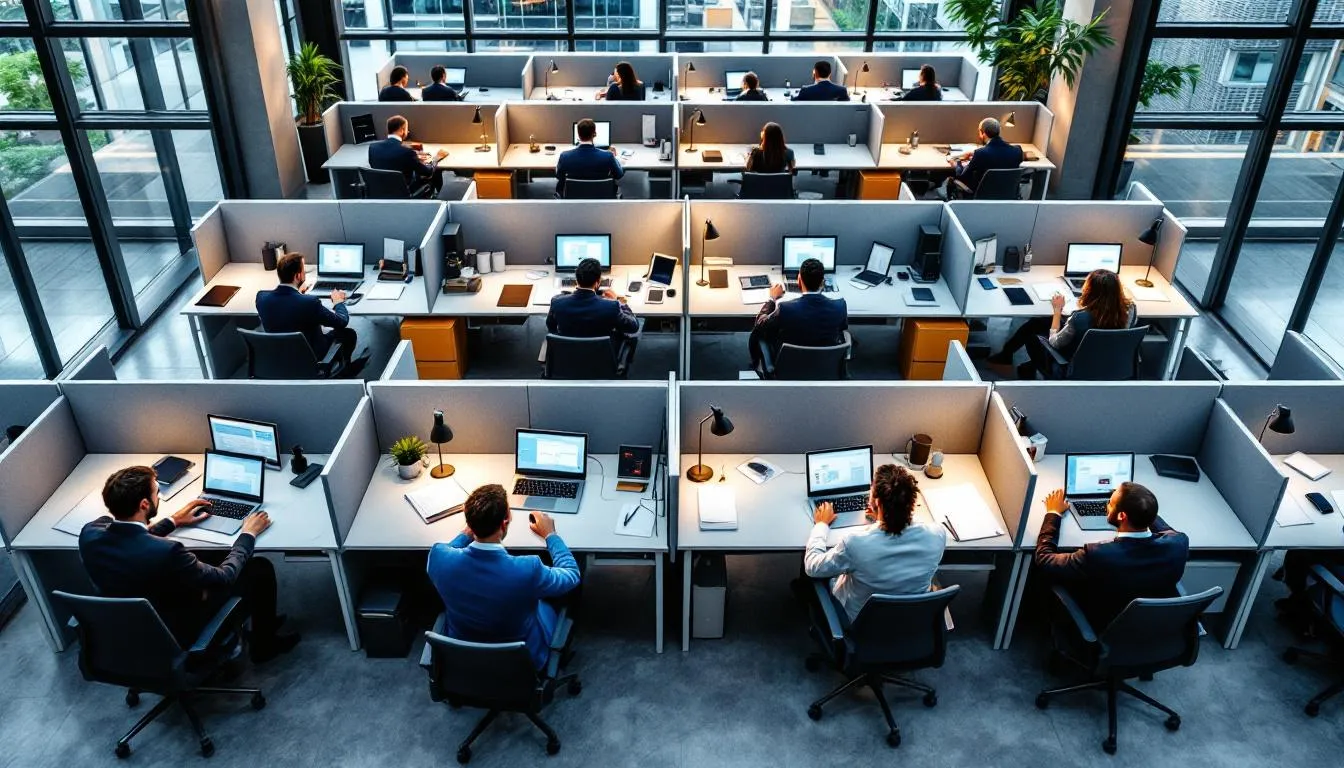 The image depicts a diverse group of employees engaged in a collaborative meeting at a workplace, showcasing strong communication skills and active listening as they share ideas and work towards effective problem-solving. The atmosphere reflects mutual respect and a focus on building trust, essential for achieving positive change and improving company performance.