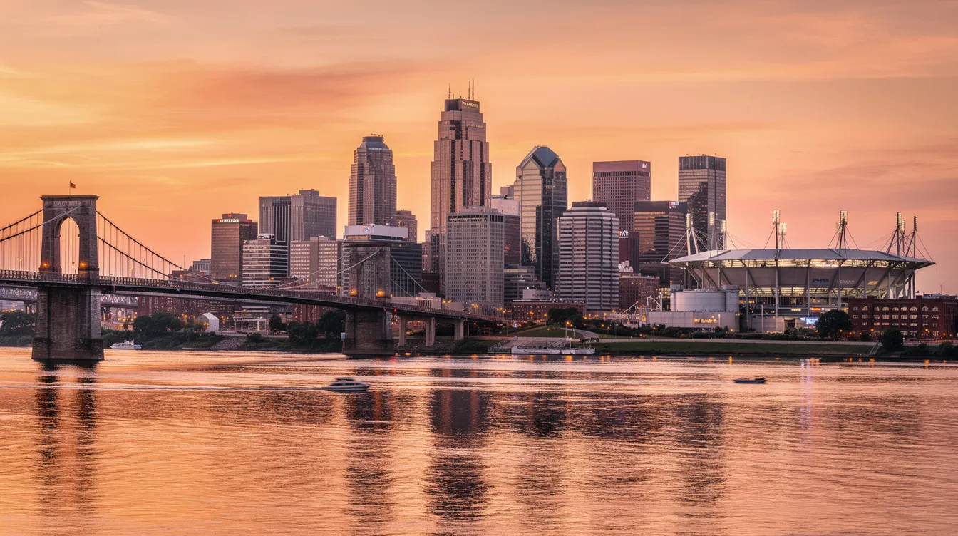 The image depicts the Cincinnati skyline, featuring modern skyscrapers along the banks of the Ohio River, with a clear blue sky above. This vibrant cityscape represents a hub of activity, much like the dedicated efforts of Cincinnati medical malpractice attorneys who advocate for victims of medical negligence and strive to recover compensation for those affected by medical errors.