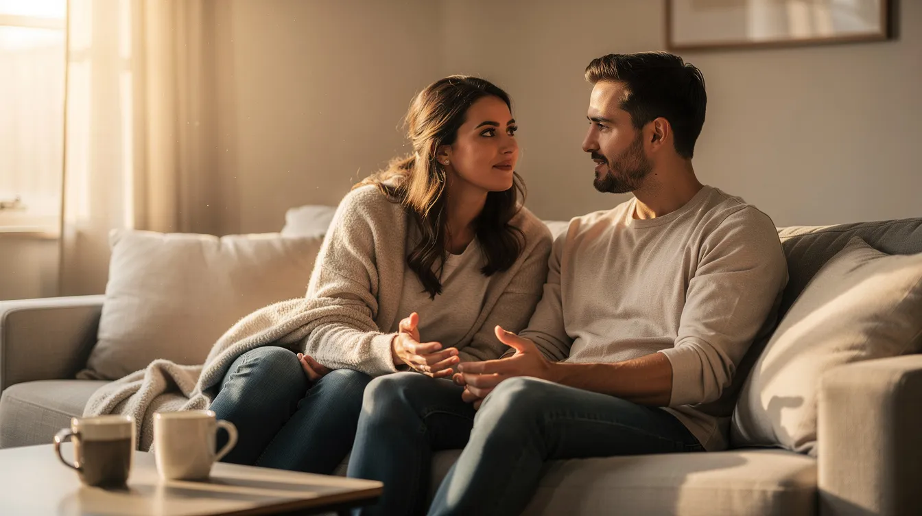 A couple is sitting on a couch, engaged in a calm and meaningful conversation, demonstrating the importance of communication in a healthy romantic relationship. They hold hands, reflecting their emotional connection and mutual support, which are essential for maintaining mental and physical health in their lives together.