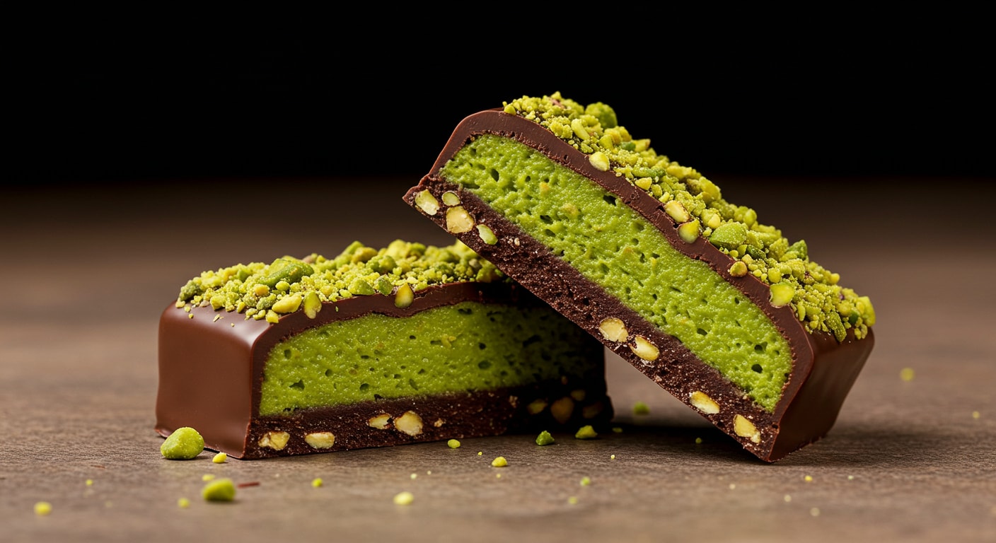 Creamy milk chocolate with pistachio kunafa inside