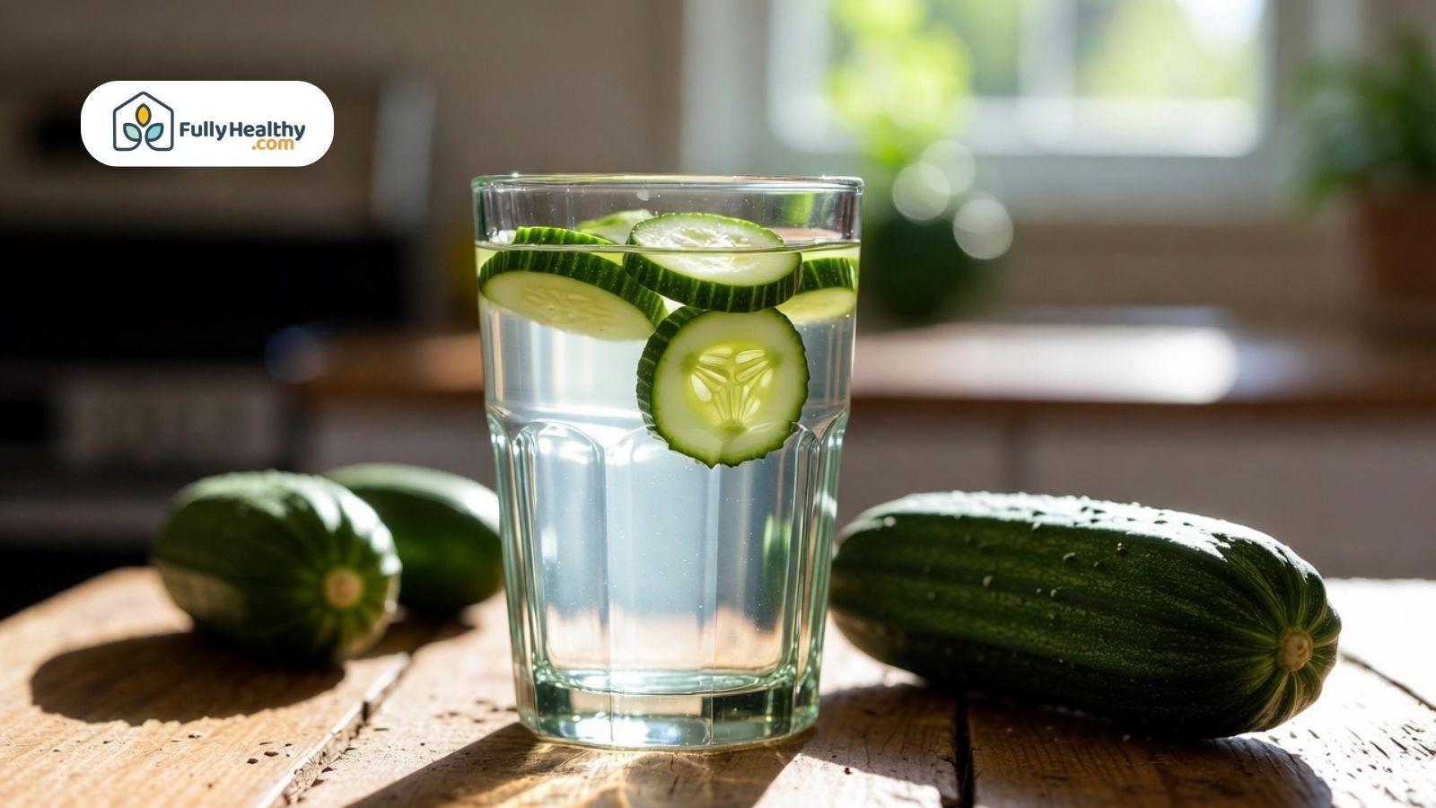 Glass of cucumber infused water with fresh cucumber slices on a wooden table.