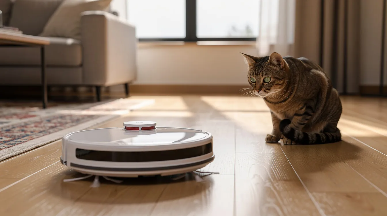 A small round robot, designed as a remote control cat toy, rolls across a living room floor while a curious cat watches intently from a few feet away, showcasing the toy's ability to engage indoor cats and provide both mental and physical stimulation. The scene captures the playful interaction between the feline friend and the automatic play features of the rechargeable toy.