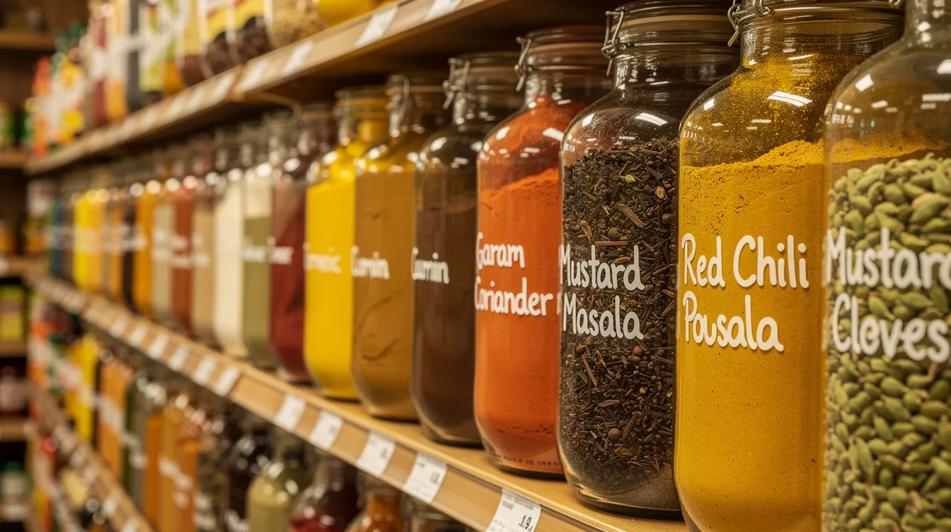 The image features shelves filled with vibrant glass jars of various Indian spices, such as turmeric, cumin, and garam masala, in a grocery store. This colorful display showcases the rich diversity of Indian cuisine, inviting customers to explore authentic flavors for their meals.