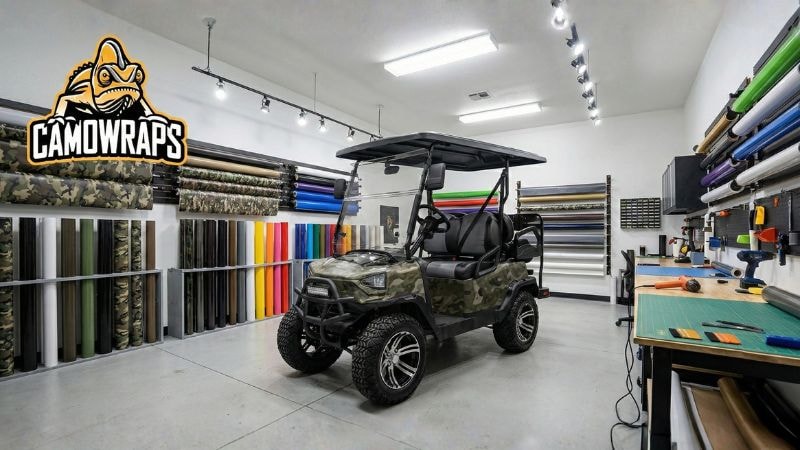A golf cart wrap in camouflage vinyl wrap by Camo Wraps