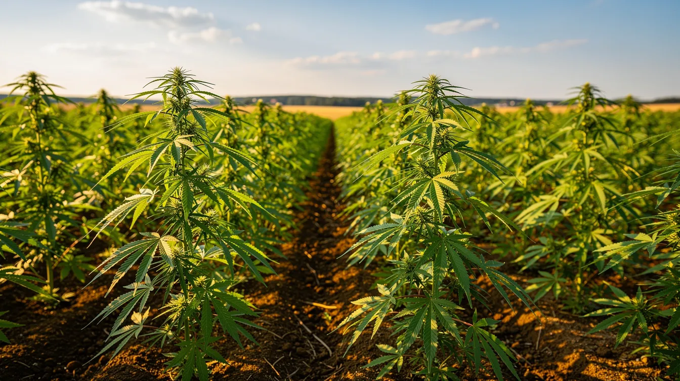 The image depicts lush green industrial hemp plants thriving in a sunny agricultural field, showcasing the vitality of cannabis sativa cultivation. This scene highlights the potential for commercial growth of hemp products, which are regulated under federal law and various state laws, including those pertaining to delta 8 and delta 9 THC.