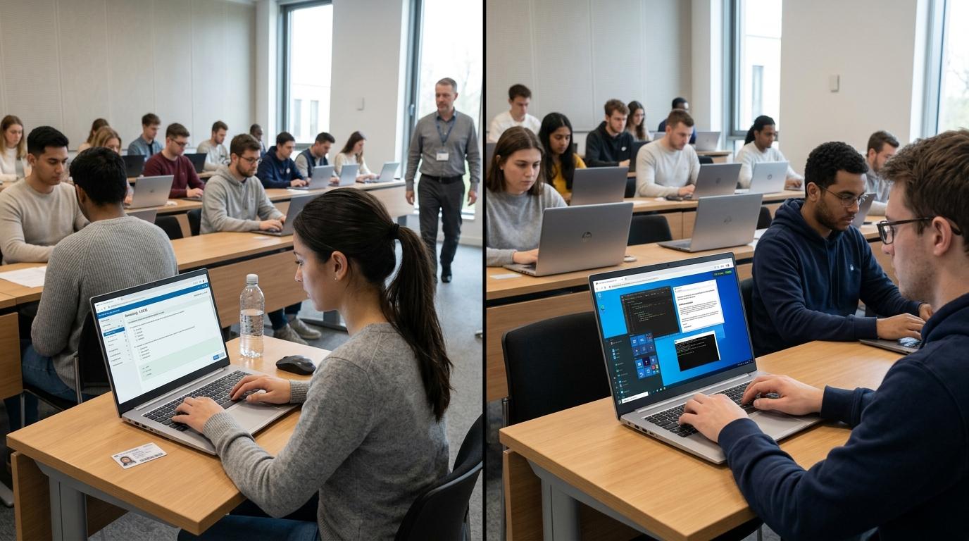 "University students taking digital exams on laptops, with one scene emphasizing assessment workflows and the other showing cloud-streamed desktop environments.