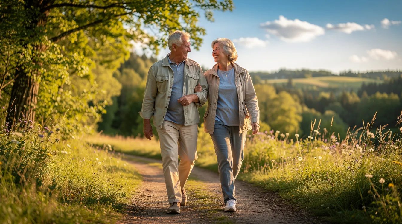 An elderly couple is walking hand in hand along a serene nature trail, surrounded by lush greenery and tall trees, enjoying their time together outdoors. This moment reflects the importance of maintaining an active lifestyle as part of their overall retirement planning and financial goals.
