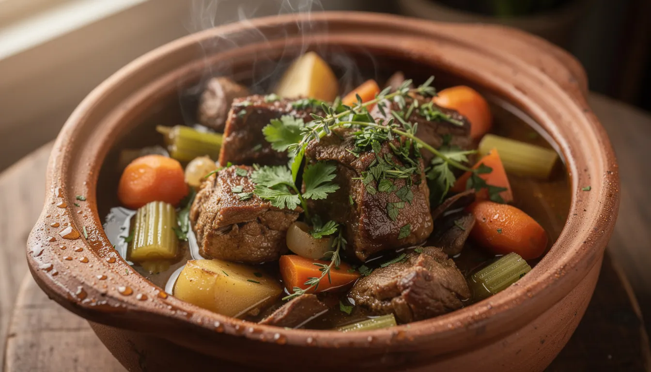 The image shows a clay pot filled with a steaming meat and vegetable stew, garnished with fresh herbs, highlighting the comforting essence of traditional Bulgarian cuisine. The rich aroma of the dish suggests a blend of minced meat, vegetables, and spices, making it a delicious representation of Bulgarian comfort food.