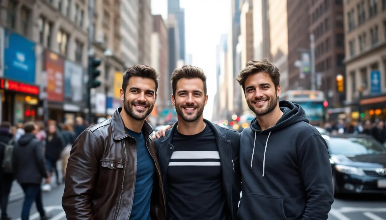 In a vibrant New York City setting, three men are joyfully embracing each other, representing a gay throuple relationship. Their close bond showcases the open and honest communication essential in polyamorous relationships, as they share laughter and affection in their shared life together.