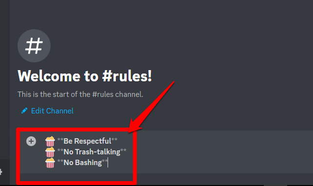 Picture showing how to type your rules in Discord rules channels
