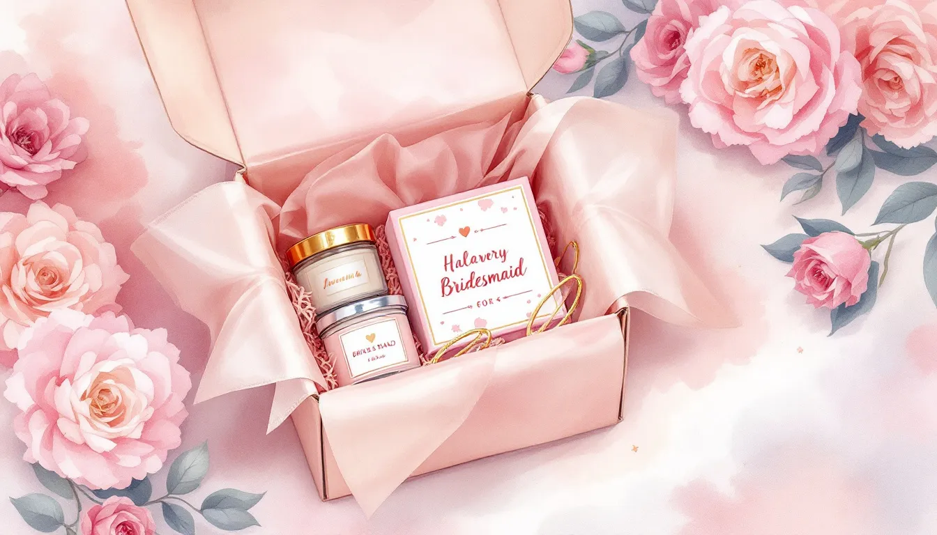 A beautifully arranged gift box filled with thoughtful bridesmaid gifts.