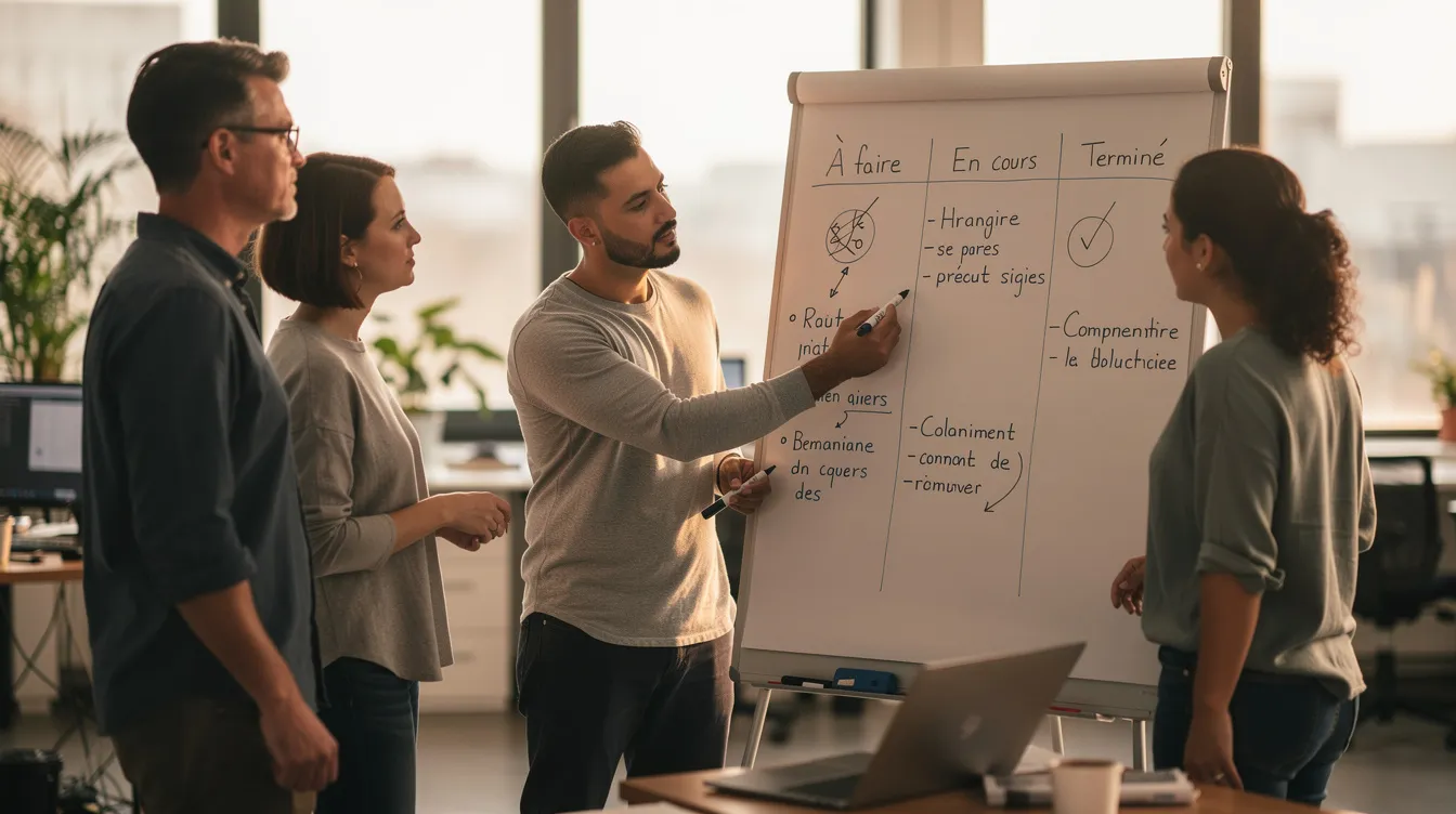 Une équipe de quatre personnes se tient debout autour d'un tableau blanc, échangeant des mises à jour sur leurs tâches lors d'un point matinal. Ils discutent de stratégies pour améliorer leur productivité et gérer efficacement leurs responsabilités au travail.