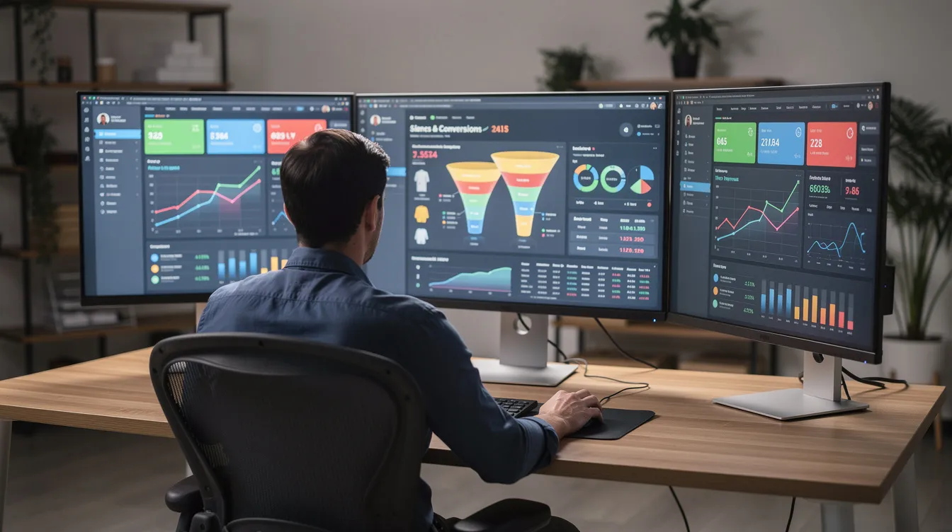 The image features a person seated at a desk, surrounded by multiple computer monitors displaying e-commerce dashboards, including metrics related to their eBay seller account. The screens highlight key performance indicators such as seller status and customer service ratings, reflecting the individual's efforts to maintain top rated seller status and provide exceptional customer service to US buyers.