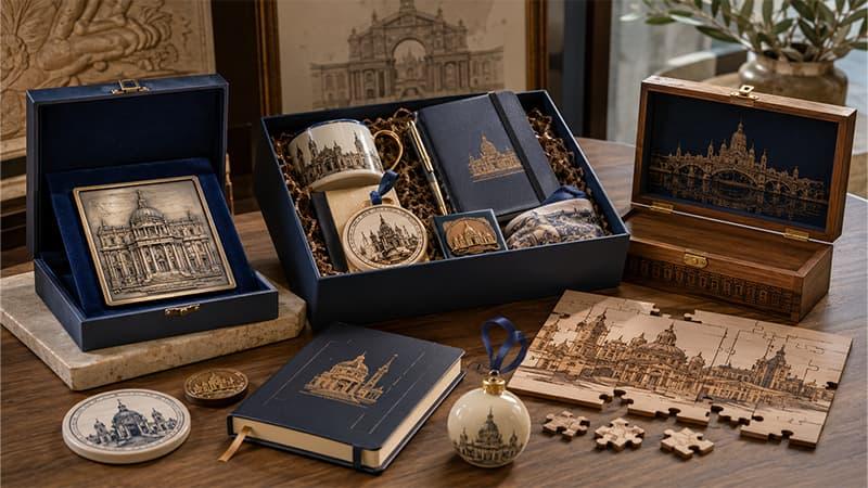 Premium unique souvenirs including boxed plaques, Christmas ornaments, a wooden keepsake box, notebook, and puzzle