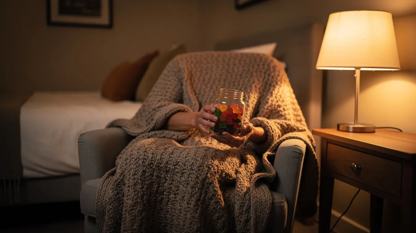 A person is sitting comfortably in a cozy chair, wrapped in a warm blanket, holding a small jar of hemp gummies near a softly glowing bedside lamp in the evening. The scene conveys a sense of relaxation and contentment, suggesting the gummies may help improve sleep quality and alleviate stress.