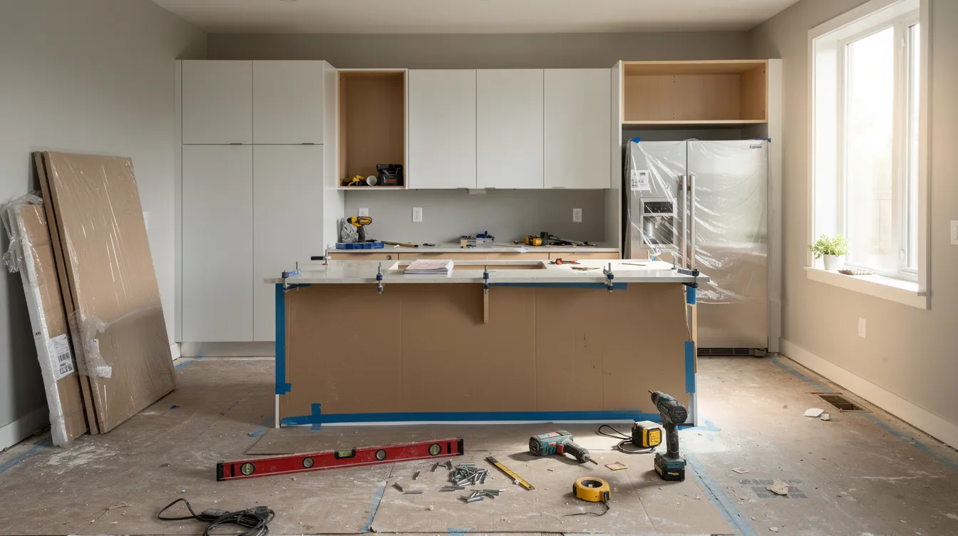 The image depicts a modern kitchen renovation in progress, showcasing new cabinets being installed, which is a common project for house flippers looking to increase the after repair value of an investment property. The scene highlights the ongoing transformation that real estate investors undertake to enhance their properties for potential buyers in the housing market.