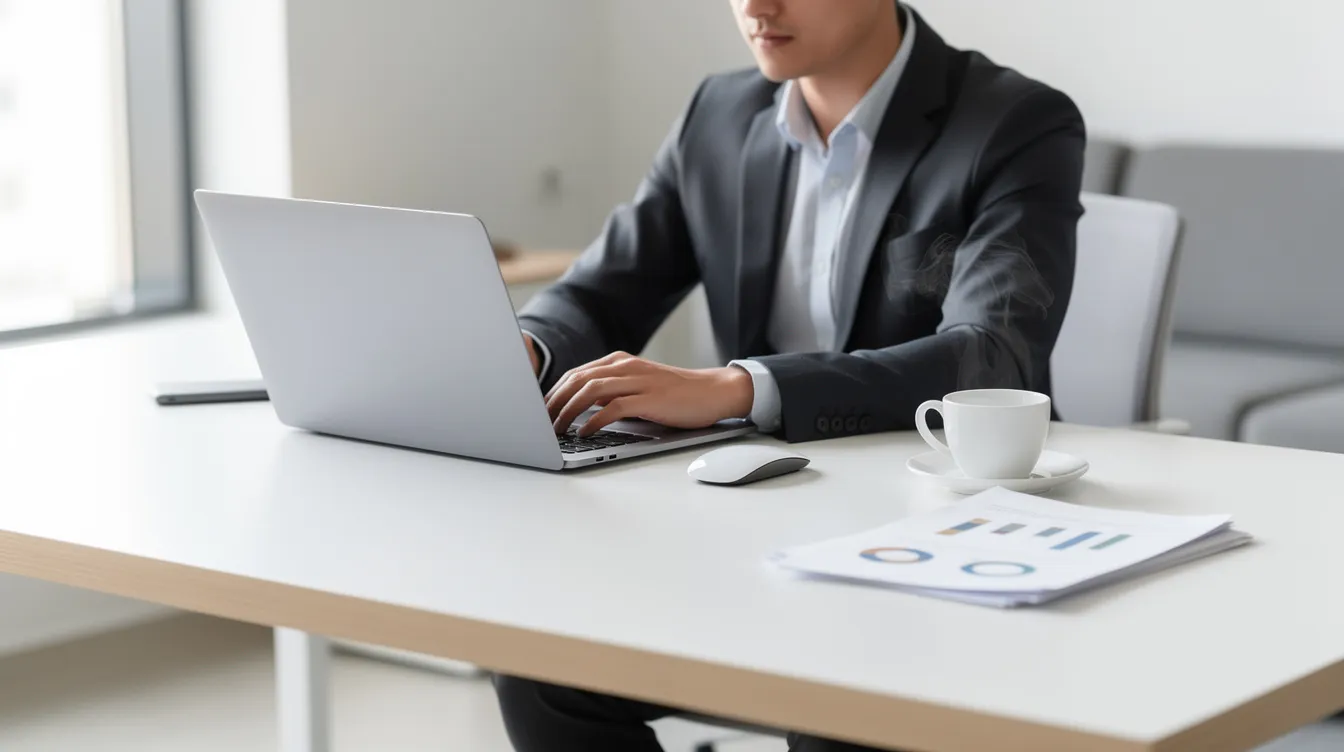 A person is focused on their laptop at a clean, modern desk, with legal papers and a coffee cup nearby, symbolizing the important aspects of managing a business entity and navigating corporate law. This setting reflects a professional environment where tasks related to incorporation, board meetings, and liability protection are undertaken.