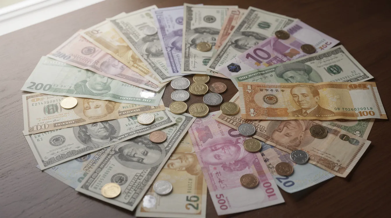 The image shows a variety of international currency notes and coins neatly arranged on a table, highlighting the diverse forms of money used around the world. This visual representation could be relevant for customers interested in forex services offered by Tamilnad Mercantile Bank, showcasing the importance of international money transfer and currency exchange in today's global economy.