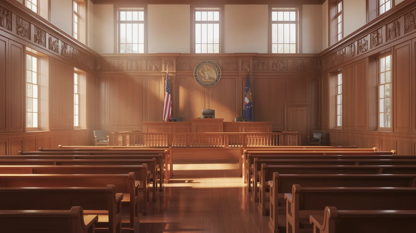 The image depicts a quiet courtroom interior featuring polished wooden benches and a prominent judge's bench, with no people present. This setting reflects the serious environment where legal matters, including those related to gun laws and concealed handgun permits, are deliberated.