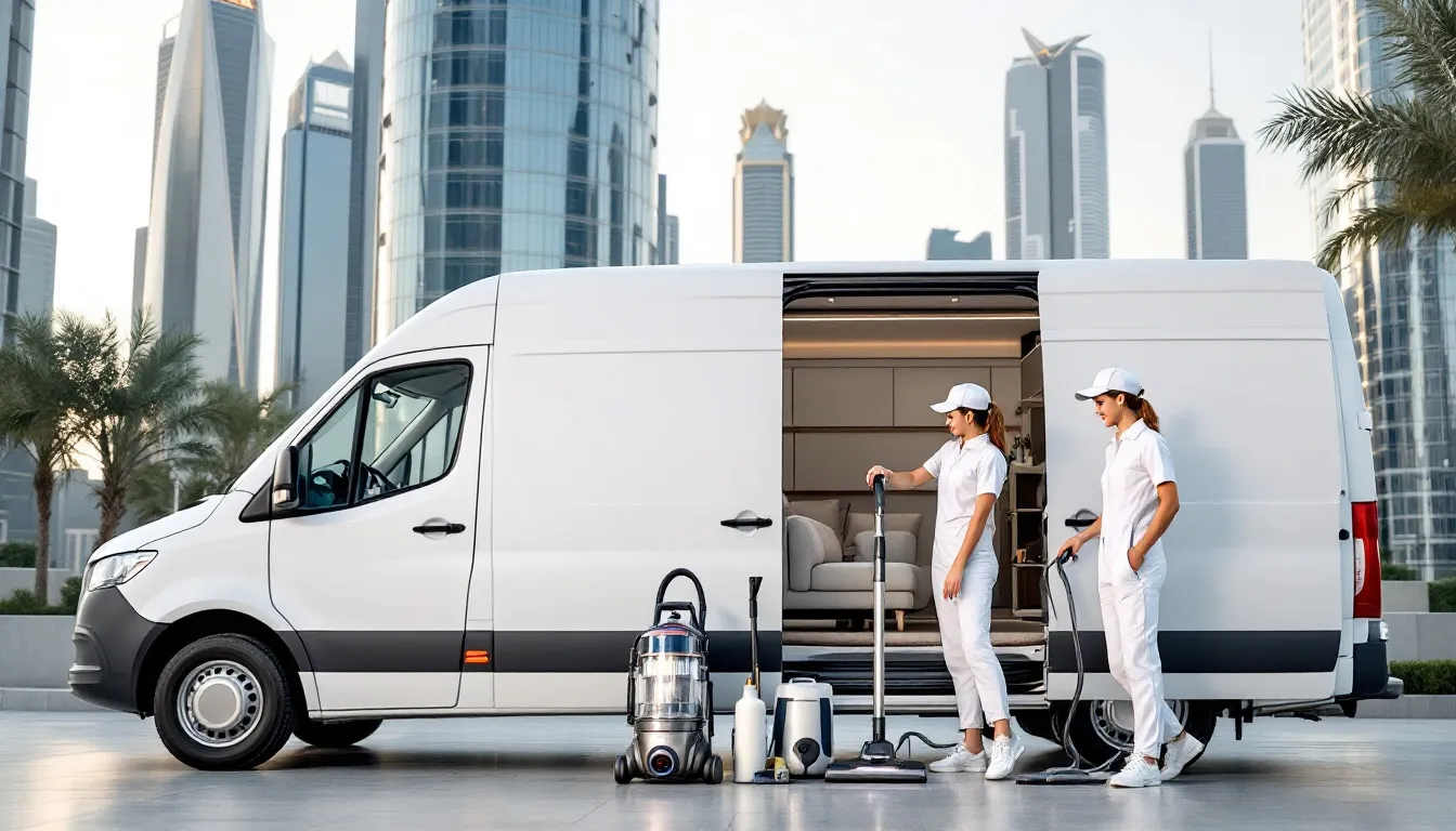 A professional cleaning company in Dubai preparing for a sofa cleaning service.
