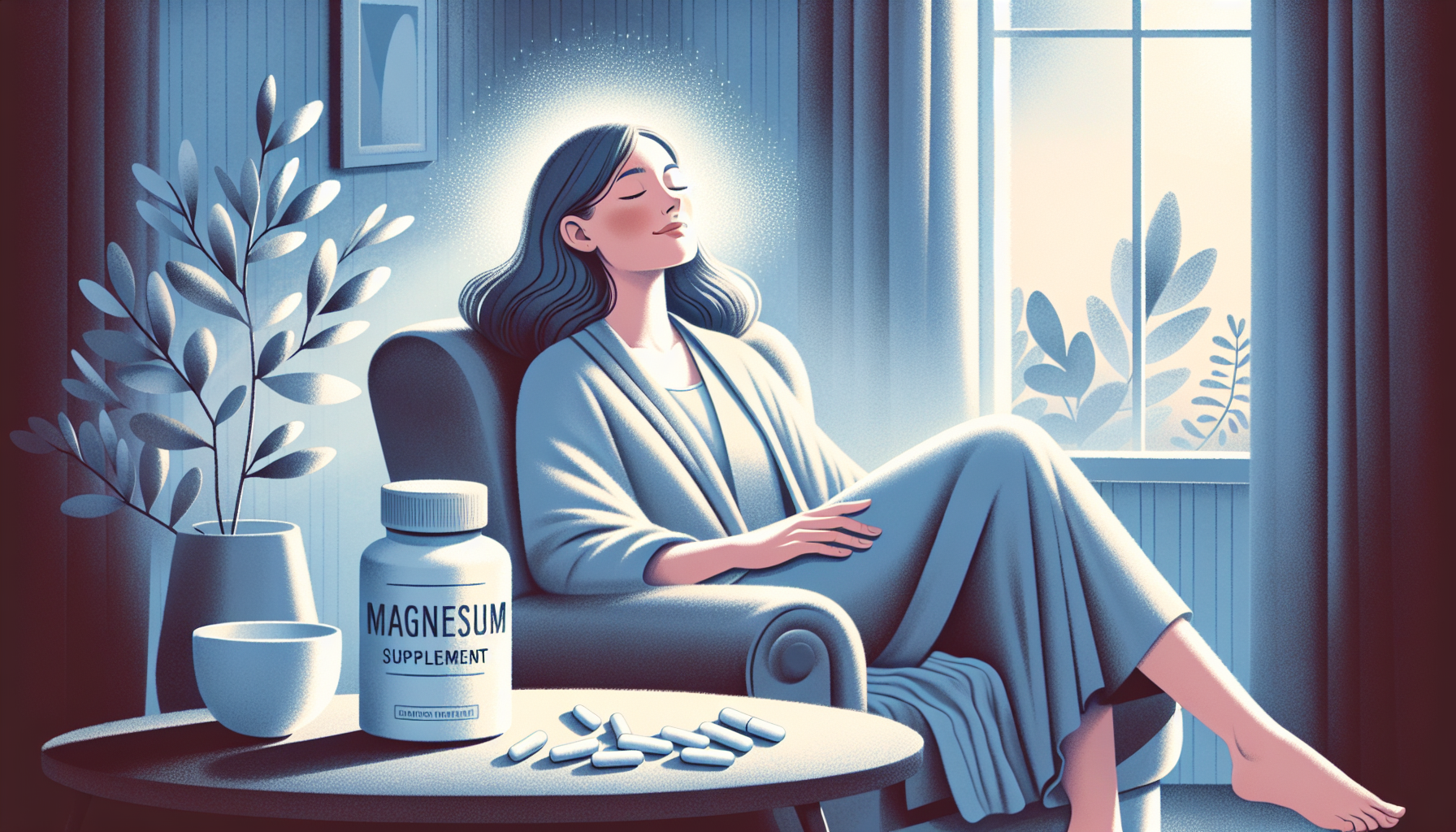 Illustration of a woman feeling relieved and relaxed after taking magnesium supplements