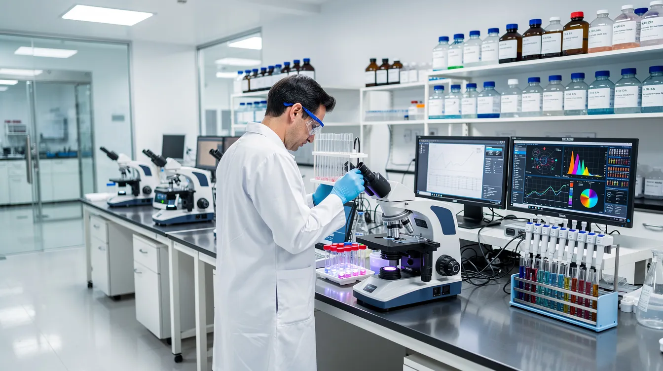The image depicts a modern clinical research laboratory, featuring advanced scientific equipment and a researcher intently examining samples, likely related to the efficacy of compounds like cleminorexton for treatment strategies in sleep disorders such as narcolepsy and idiopathic hypersomnia. The environment reflects a focus on developing best-in-class treatment options for excessive daytime sleepiness and sleep latency, showcasing the ongoing research in the field.