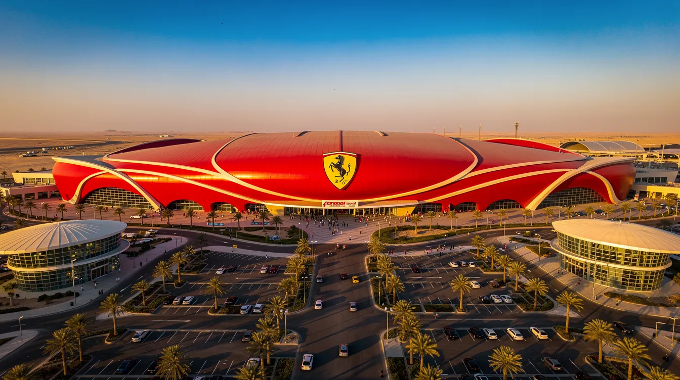 A imagem mostra o Ferrari World em Abu Dhabi, um parque temático icônico localizado nos Emirados Árabes Unidos, conhecido por sua enorme estrutura vermelha e pela montanha-russa mais rápida do mundo. Ao fundo, destaca-se a arquitetura moderna da cidade, com arranha-céus que refletem o desenvolvimento e a ambição dos Emirados.
