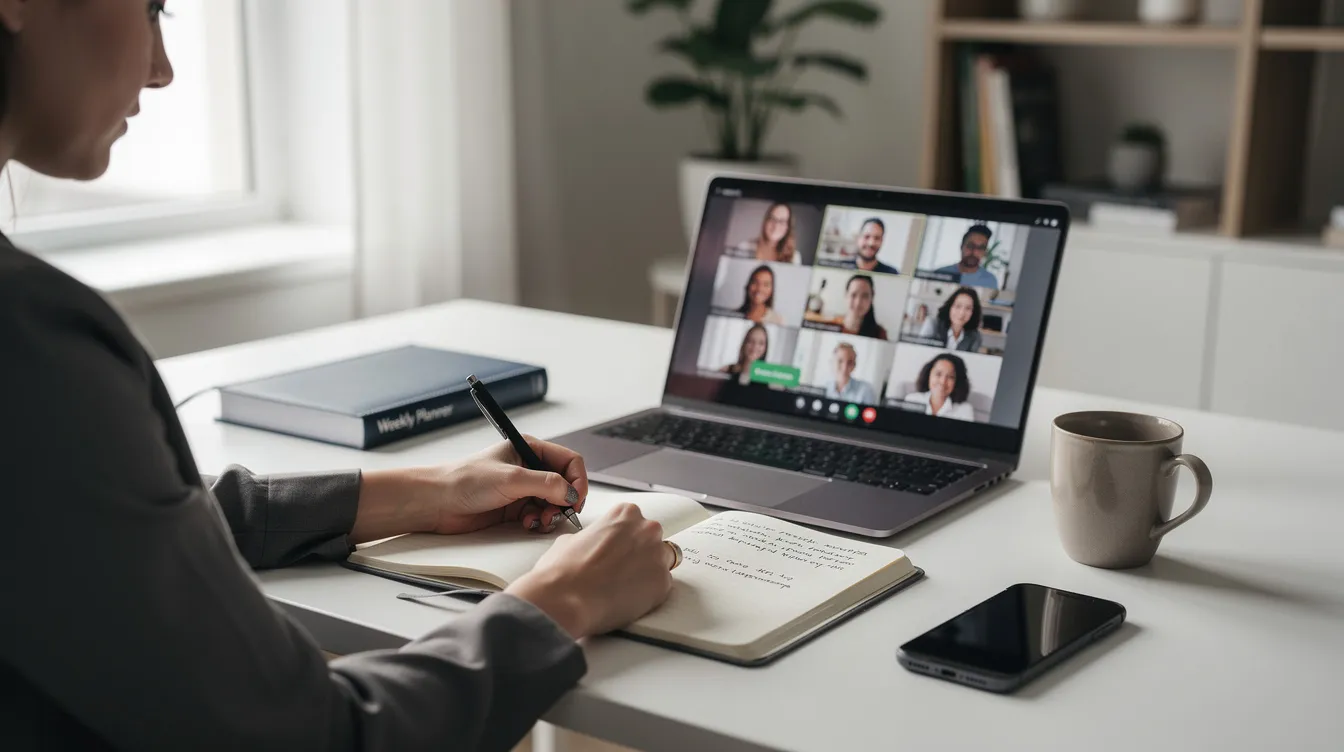 The image shows a professional engaged in a video call at a modern desk, intently taking detailed handwritten notes. The setting suggests a focus on industry trends and market research, as the individual prepares to discuss strategic decisions and competitive dynamics with industry leaders.