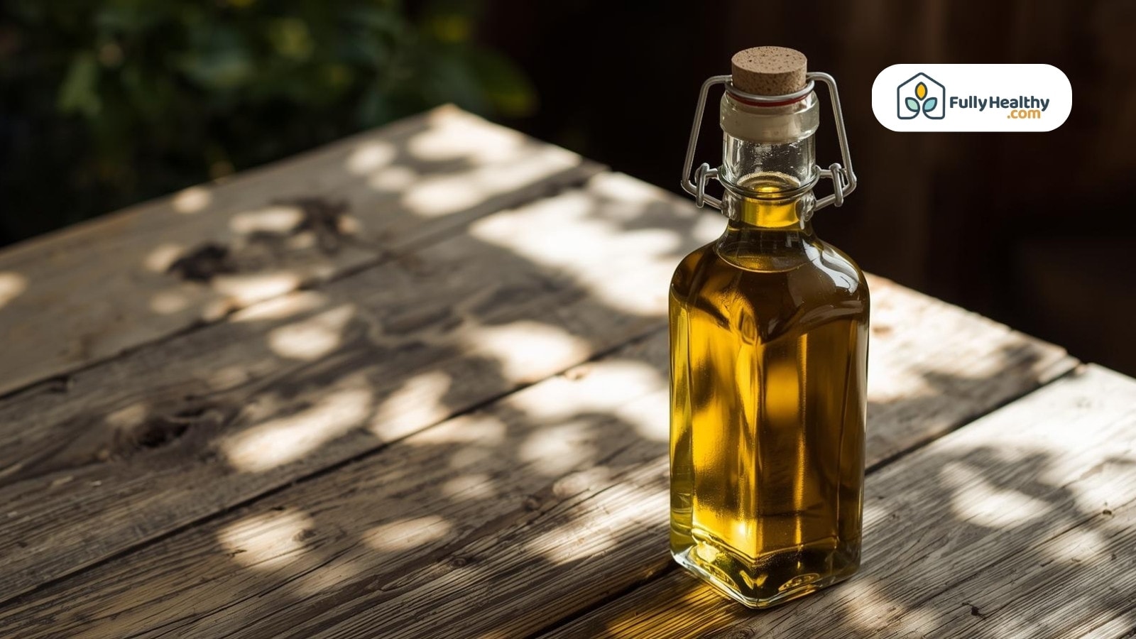 Olive oil bottle on rustic wooden table with natural sunlight