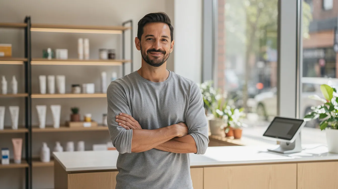 The image depicts a confident small business owner standing proudly in their workspace, symbolizing success after securing funding. The scene conveys a sense of achievement and readiness to expand their business, emphasizing the importance of financing and clear communication in the process. The business owner checked all the boxes to secure funding.