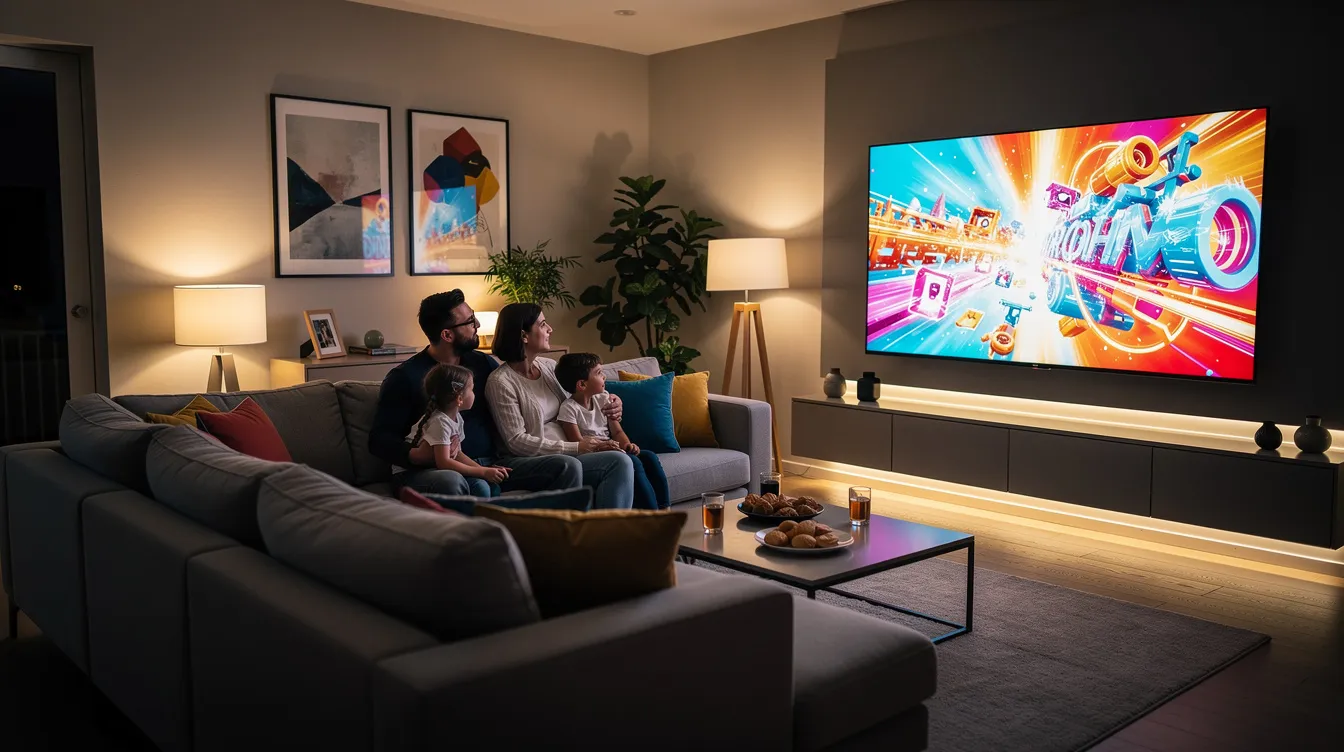 A family is gathered in a modern living room, watching a large smart TV that displays vibrant video content, possibly from an IPTV service featuring live TV channels and sports events. The scene captures the essence of family entertainment, highlighting the advanced technology and quality of streaming services available today.