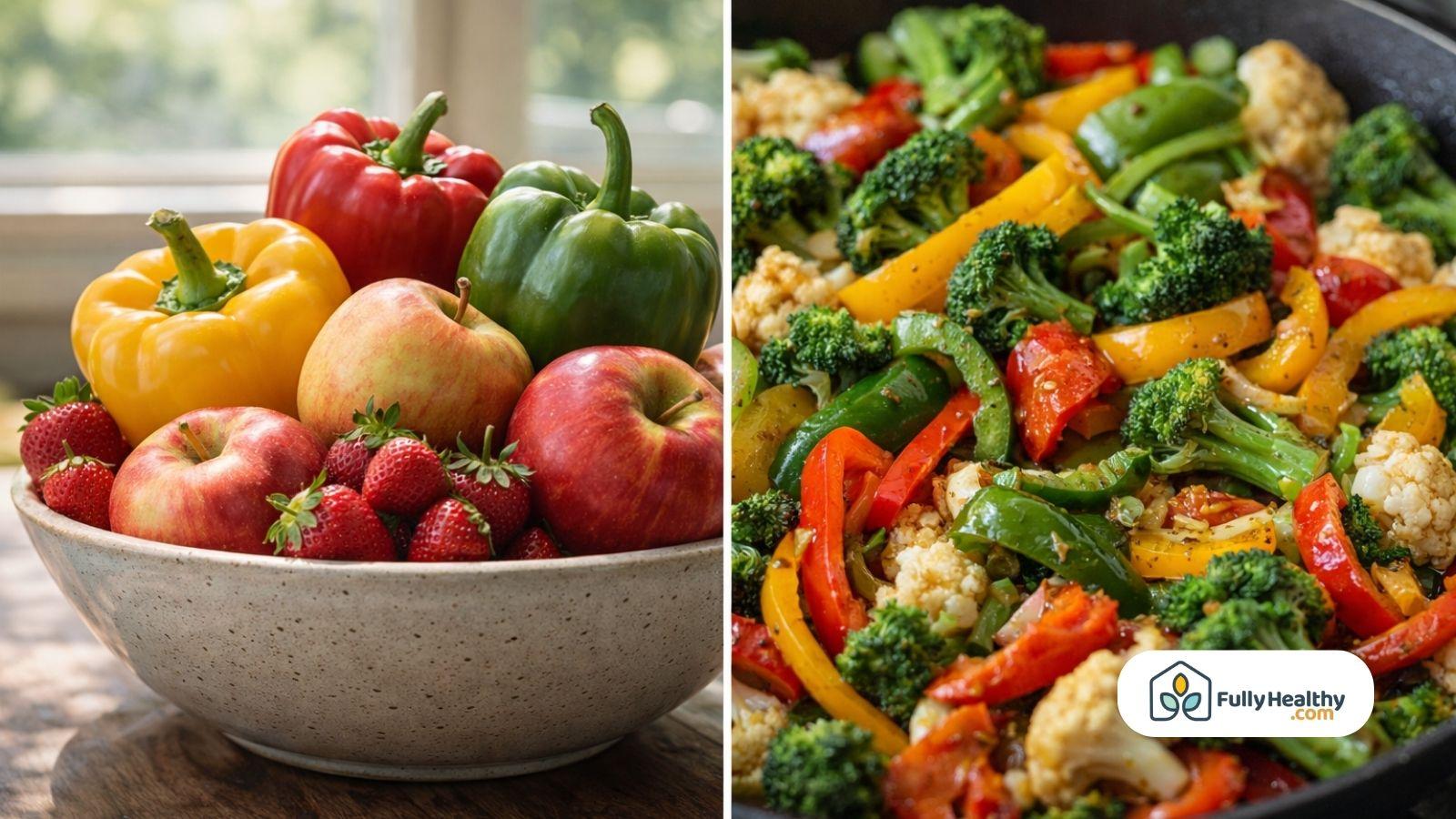 Peppers in fruit bowl and vegetable stir fry comparison scene