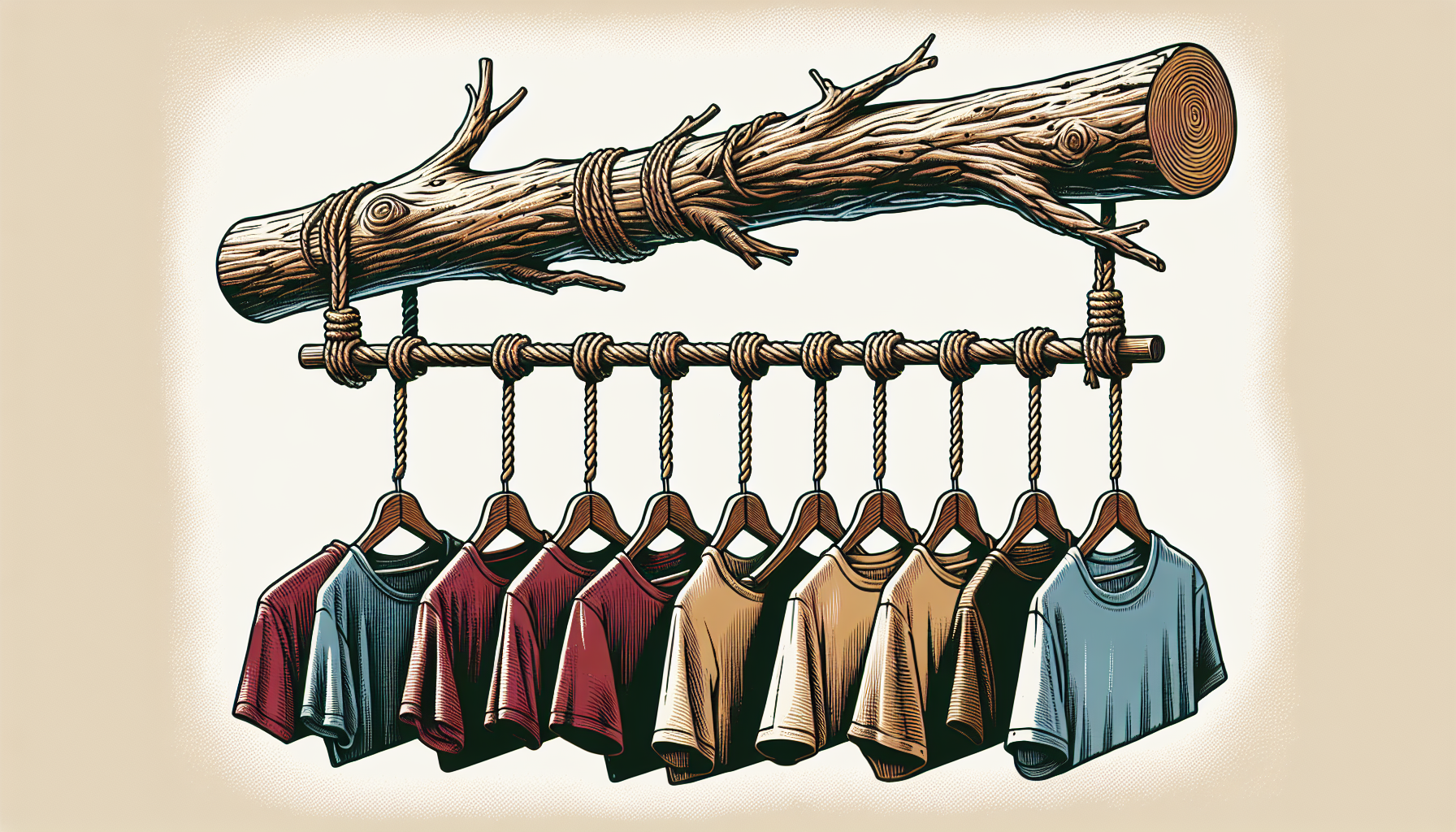 Illustration of a custom DIY clothing rack made from a branch or dowel rod with hanging t-shirts