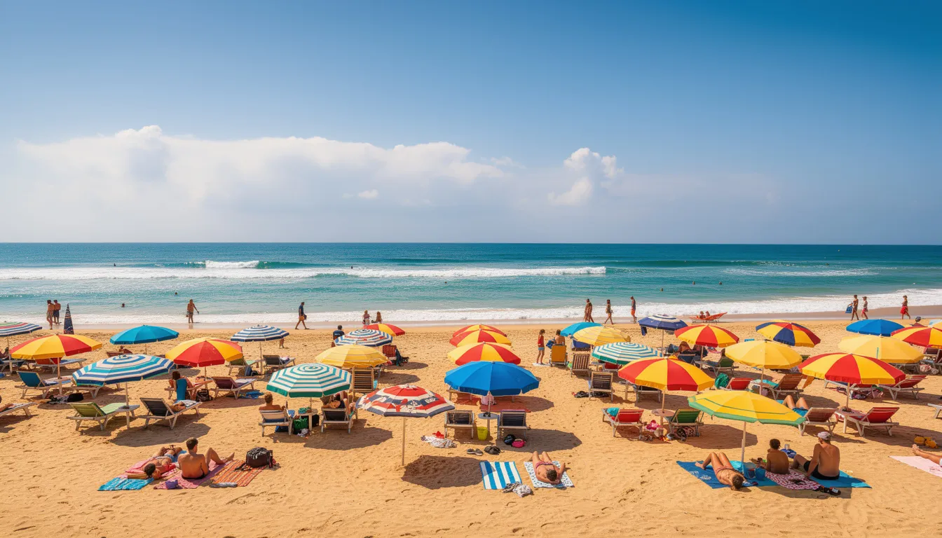 Na piaszczystej plaży, w słoneczny dzień, rozstawione są kolorowe parasole plażowe, które oferują ochronę przed słońcem i wiatrem. Te akcesoria zapewniają komfort i schronienie, idealne do relaksu nad morzem.