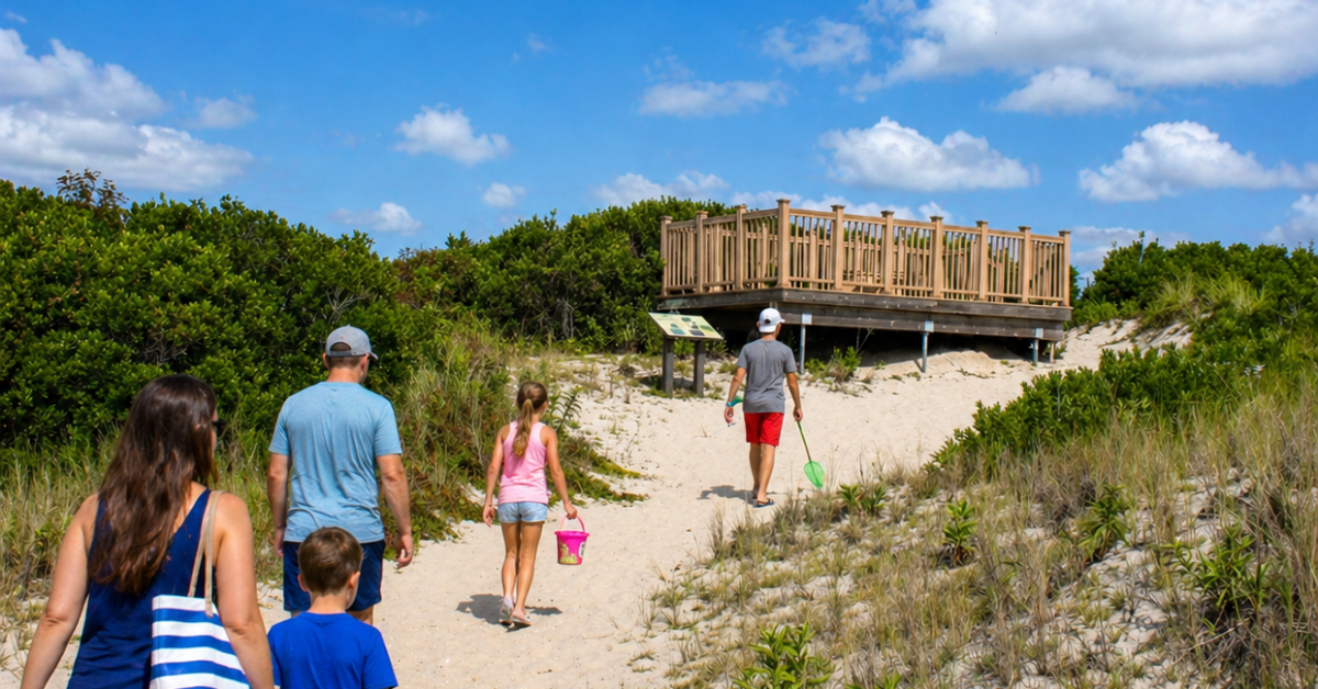 Family walking a sandy dune path toward the beach in Stone Harbor, New Jersey — explore top-rated Stone Harbor vacation rentals on ShoreSummerRentals.com