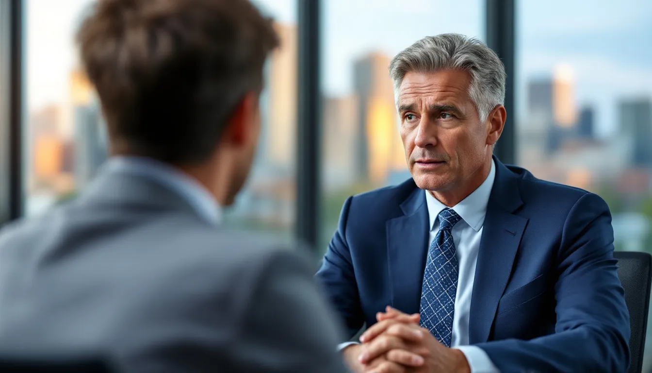 A blurred image of a Colorado workers compensation attorney discussing a case with an injured worker.