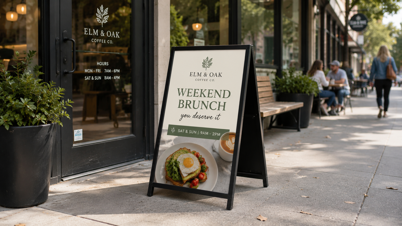 Custom A-frame sidewalk sign for coffee shop brunch promotion