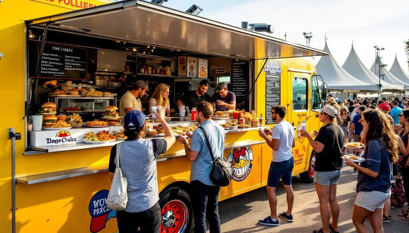 A vibrant food truck trailer is open and bustling with activity as it serves delicious meals to eager customers at an outdoor concert event, showcasing the thriving nature of small businesses in the food industry. This scene reflects the success of small business owners who may benefit from business loans to expand their operations and meet their financial needs.